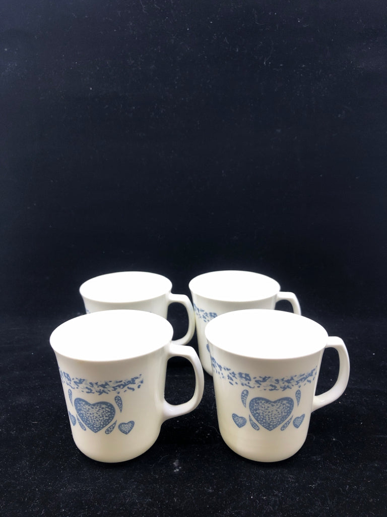 4 CORNING WARE HEART PATTERN MUGS.