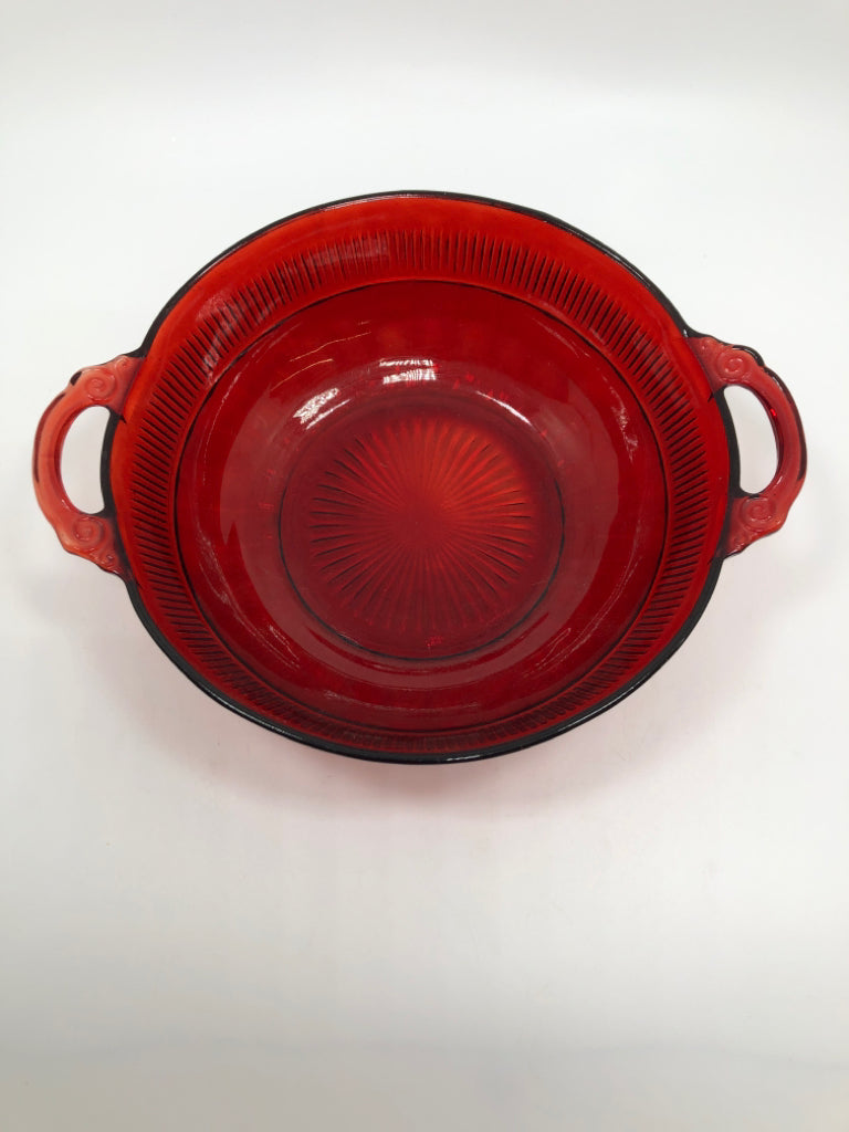 VTG RED GLASS BOWL W/HANDLES.
