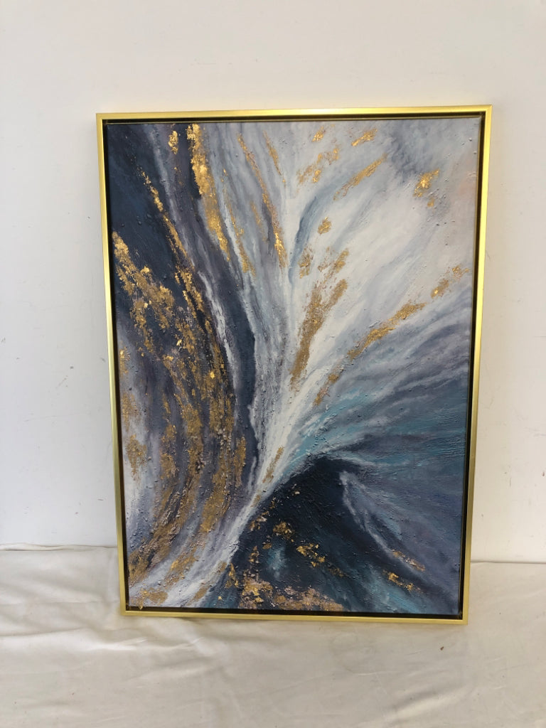 DARK BLUE, WHITE+TEXTURED GOLD ABSTRACT CANVAS IN GOLD FRAME.