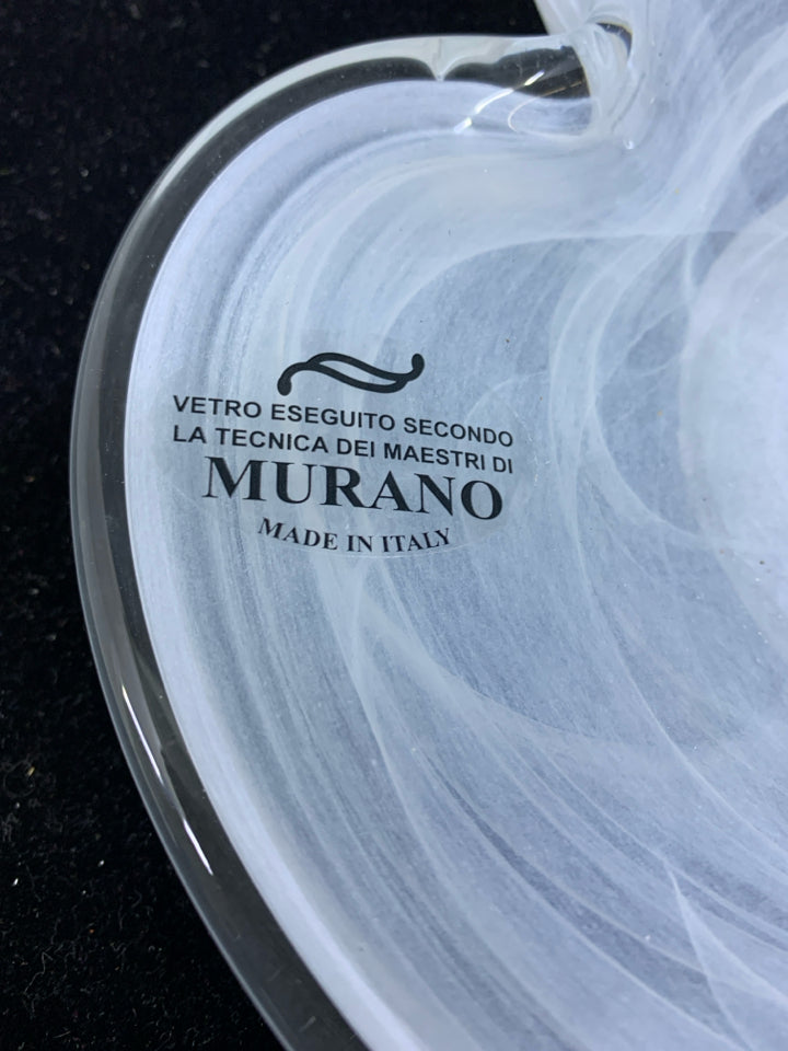 HEART CATCHALL MURANO GLASS  DISH W/ WHITE SWIRLS.
