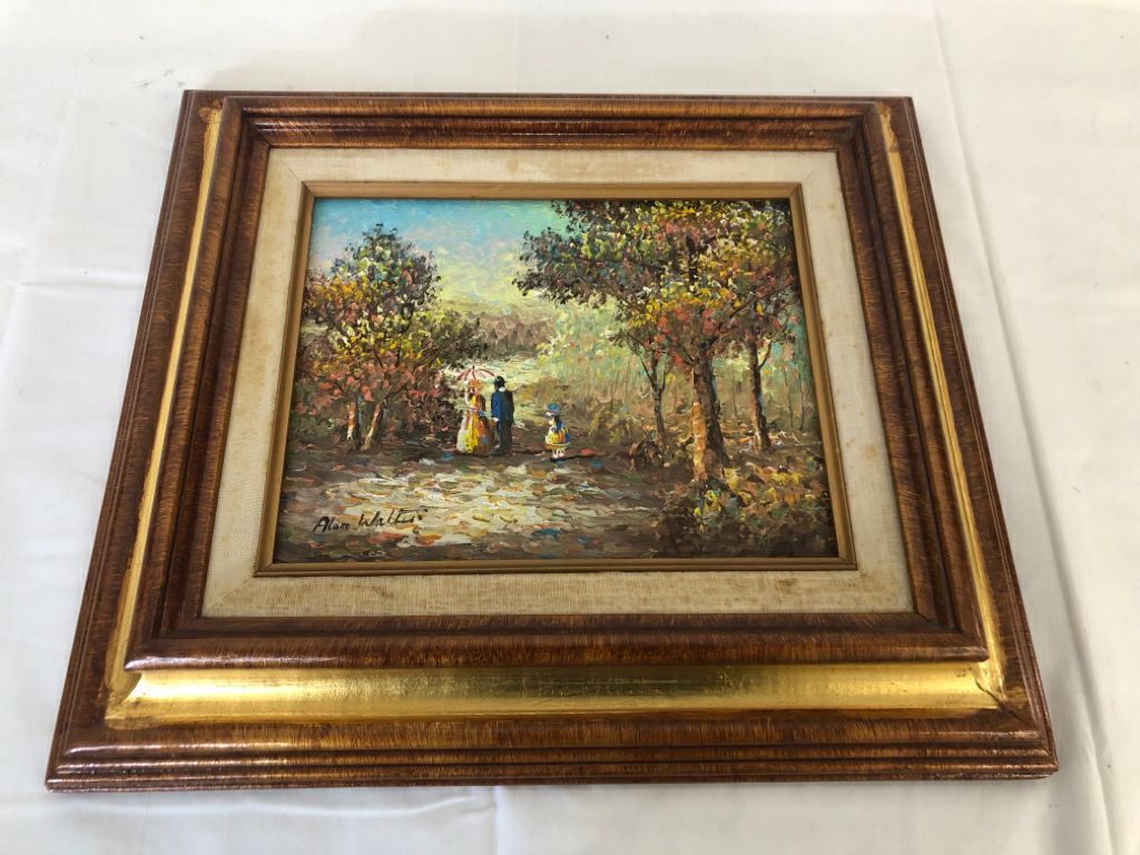 VTG THICK WOOD/GOLD FRAME OIL PAINTING HUSBAND/WIFE + ONE CHILD.