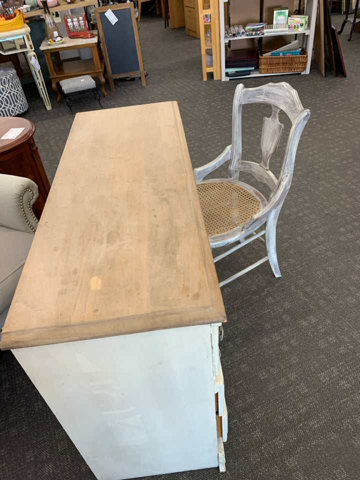 RUSTIC OFF WHITE DESK W/ 3 DRAWERS + CANE CHAIR.