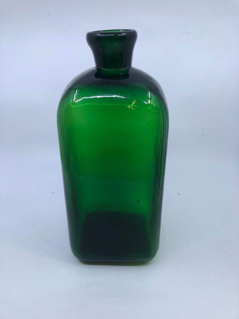 HEAVY GREEN GLASS DECORATIVE BOTTLE.