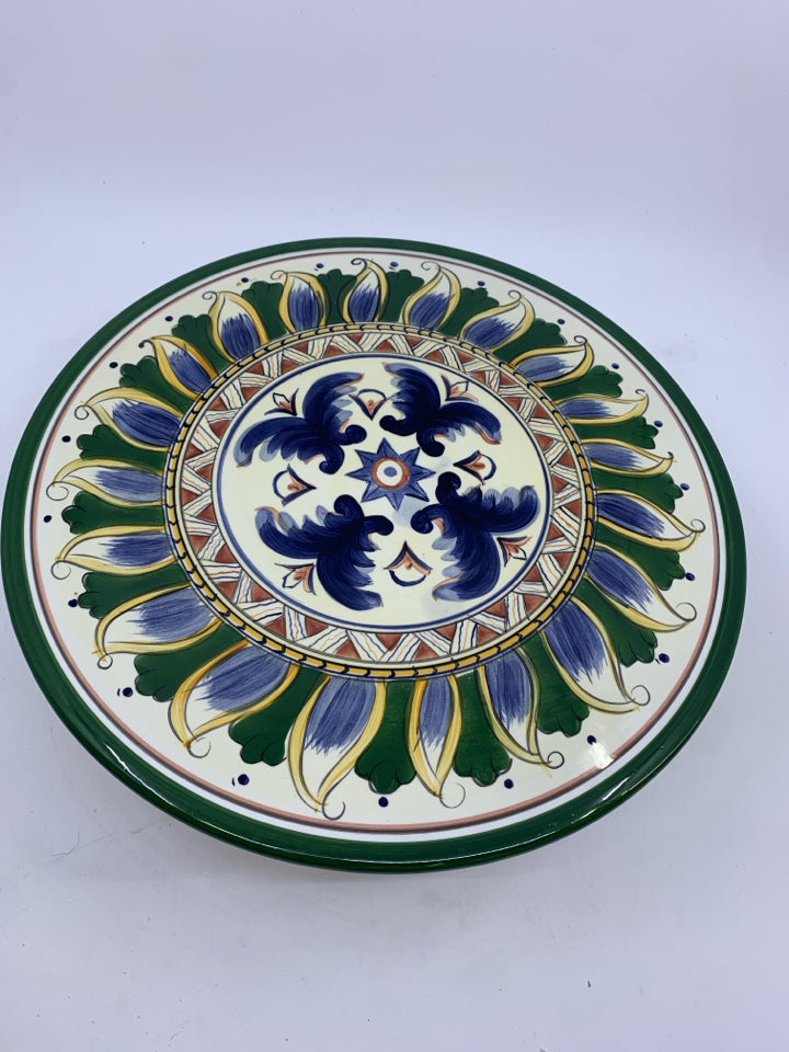 CREAM,GREEN,BLUE,GOLD DESIGN PEDESTAL CAKE PLATE.