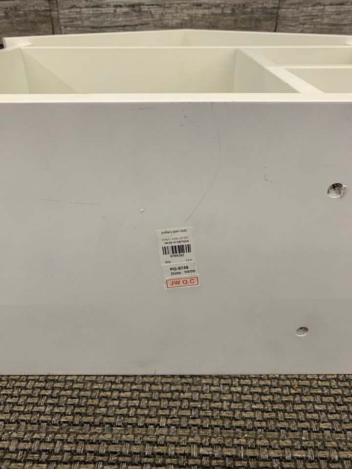 WHITE WOOD HOUSE SHAPED KIDS BOOK SHELF.