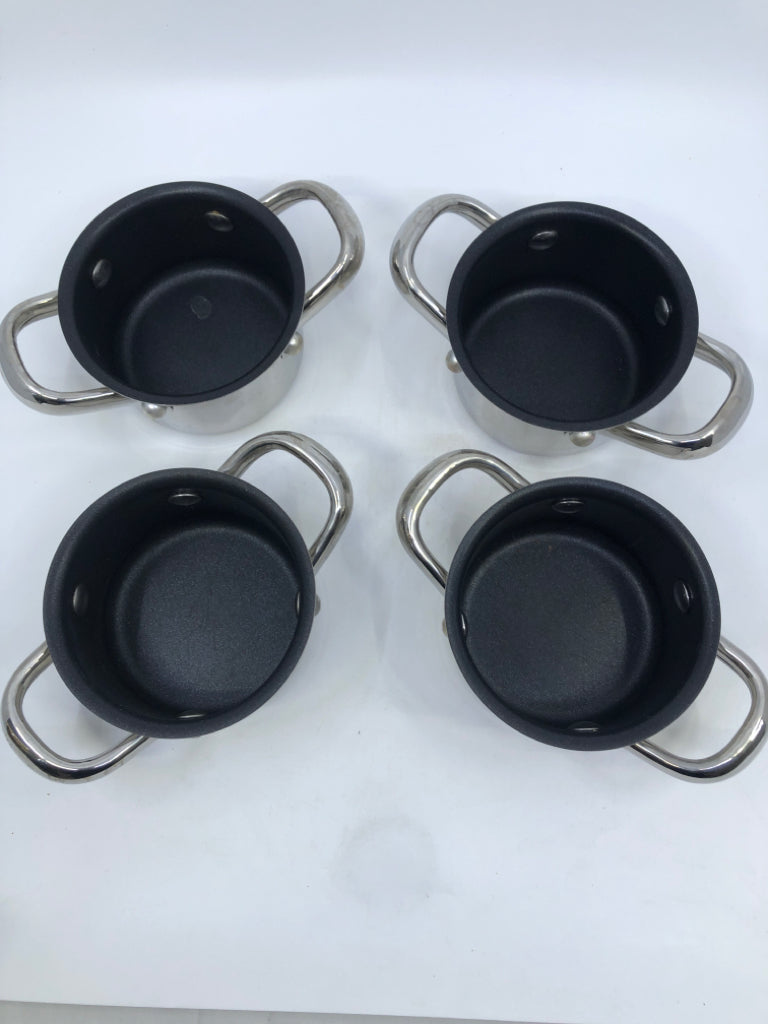 4 MINI STAINLESS STEEL POTS.