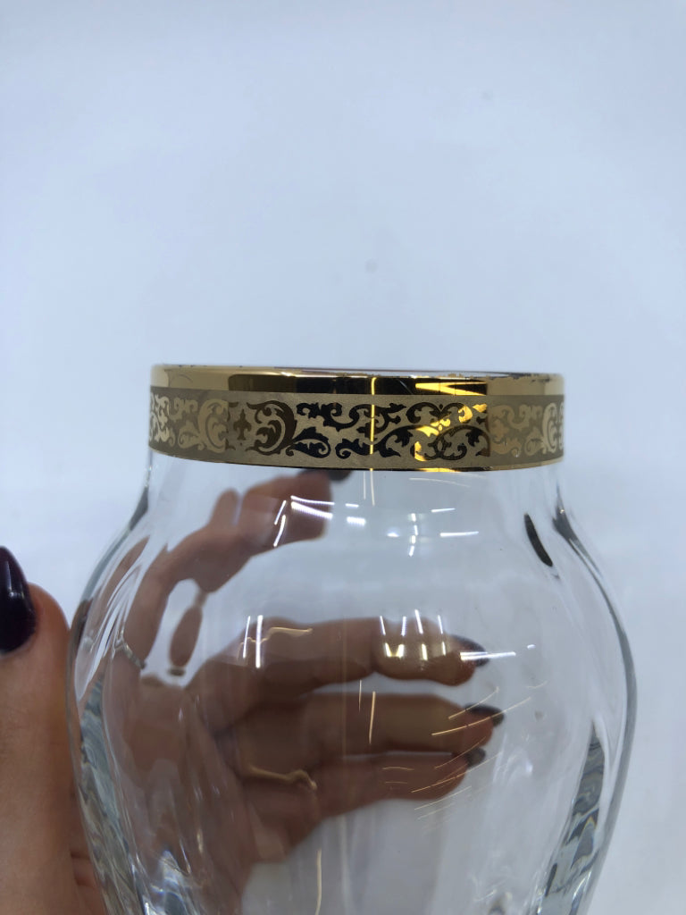CLEAR LENOX VASE W/ GOLD BAND.