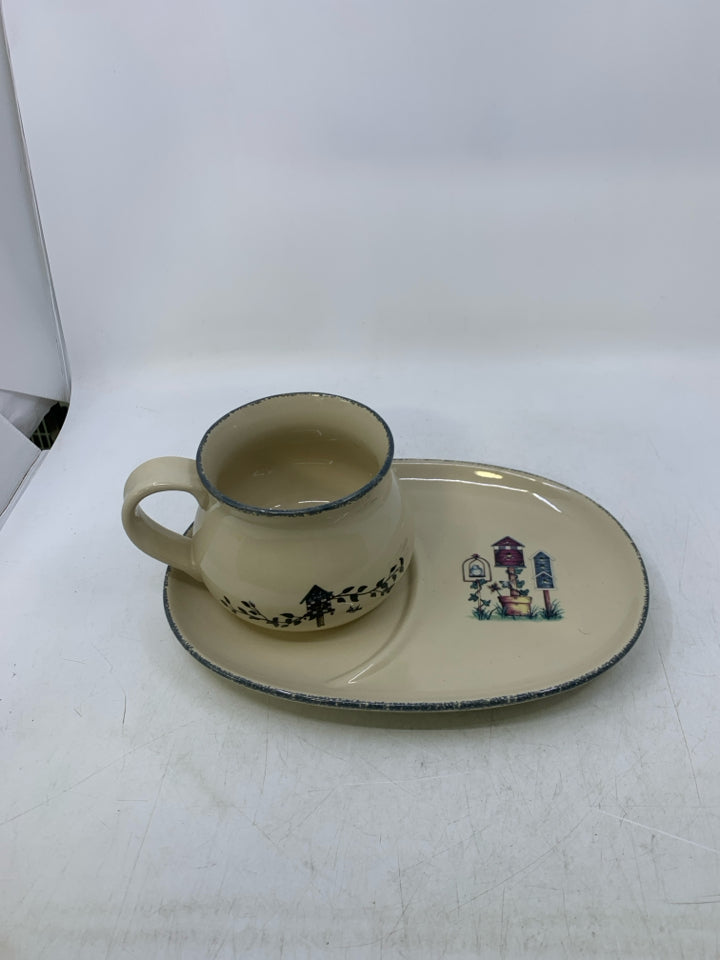 2 PC SNACK PLATE/SOUP BOWL W/ BIRD HOUSES.