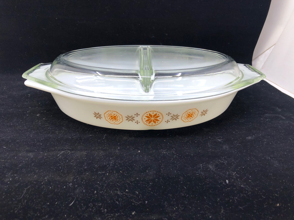 VTG OVAL DIVIDED COVERED YELLOW AND BROWN FLORAL DISH.