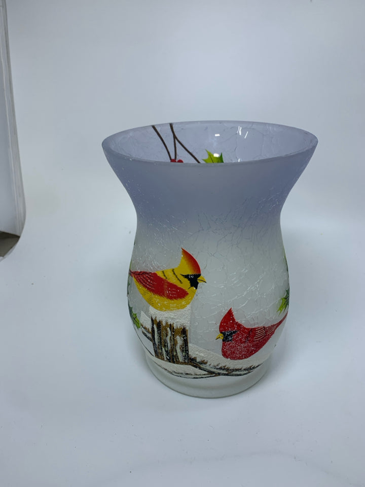 HURRICANE CRACKLE GLASS FROSTED CANDLE HOLDER W/ PAINTED CARDINALS YANKEE CANDLE