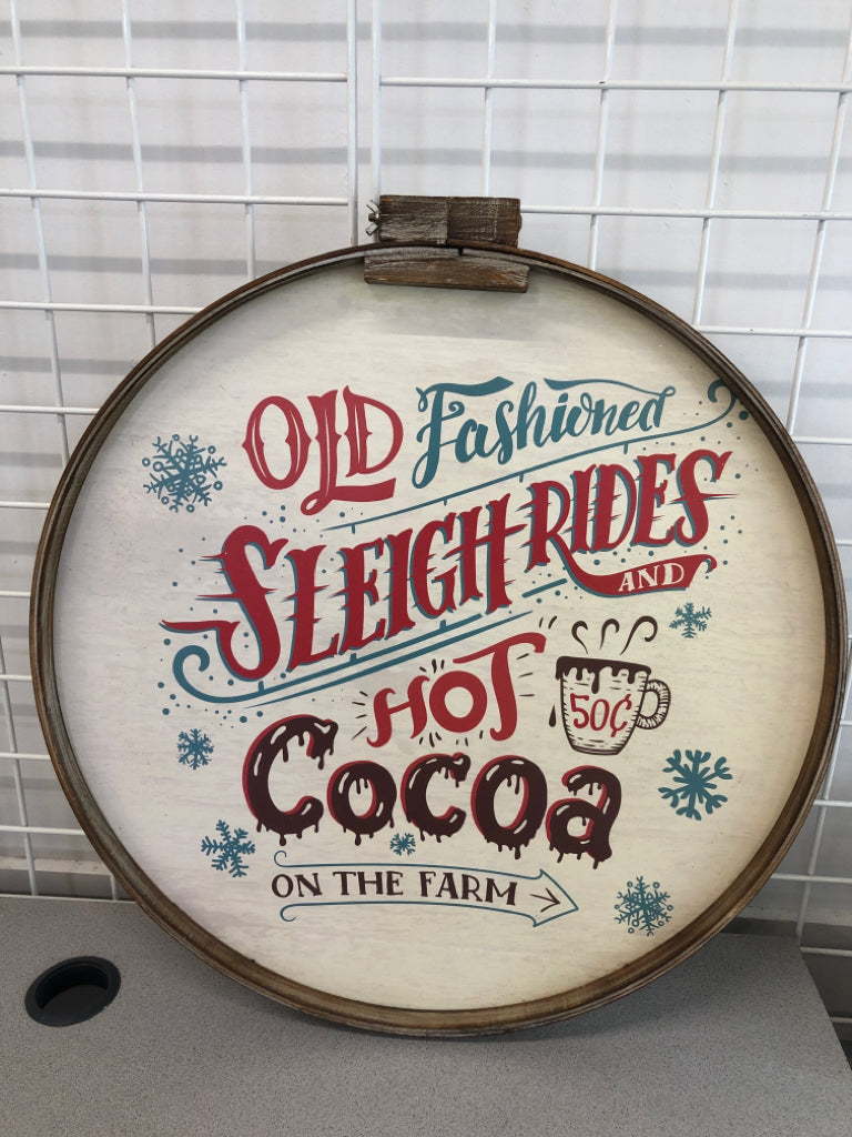 'OLD FASHION SLEIGH RIDES' ROUND WOOD WALL SIGN.