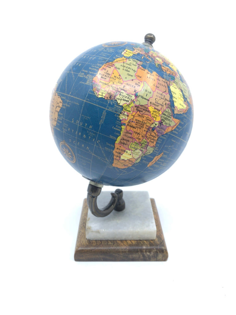 SMALL DESK GLOBE ON WOOD + STONE BASE.