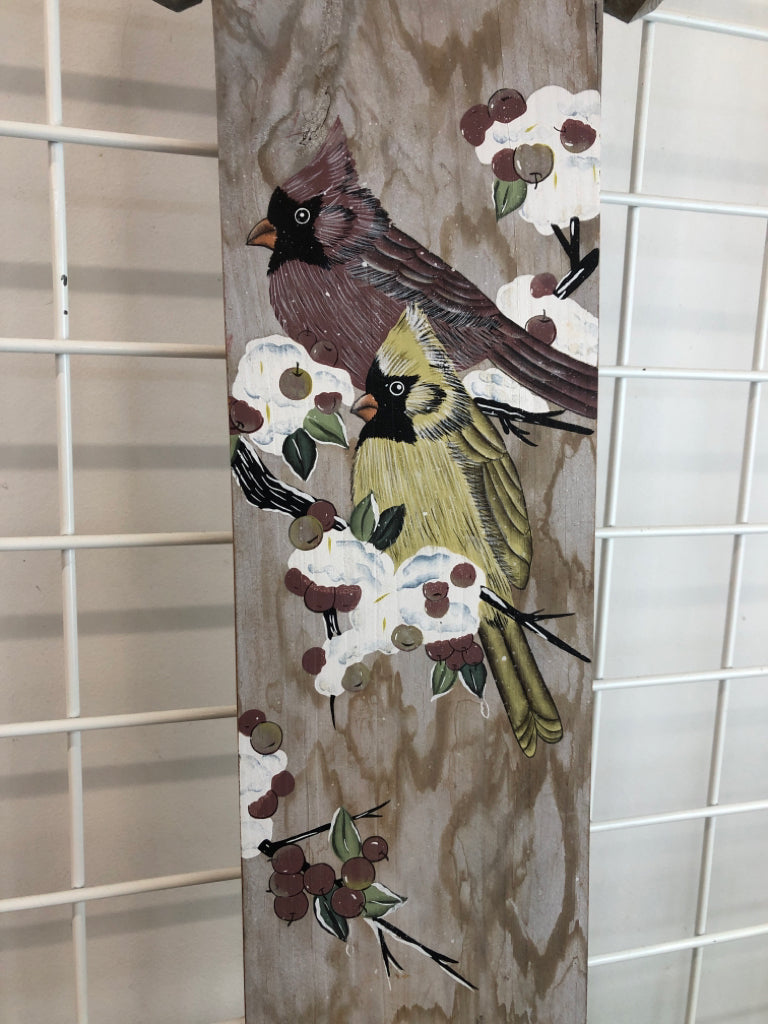 PRIMITIVE CARDINALS ON WOOD WALL HANGING.