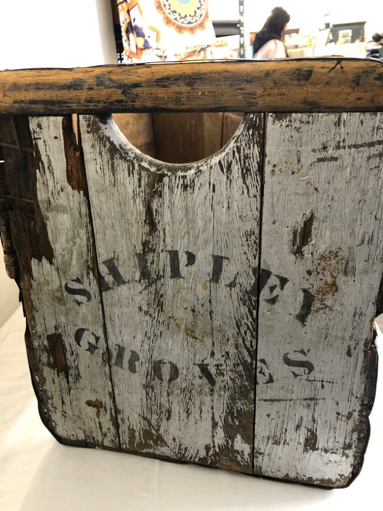 DARK WOOD AND METAL DIVIDED CRATE W HANDLES "SHIPLEY GROVES".