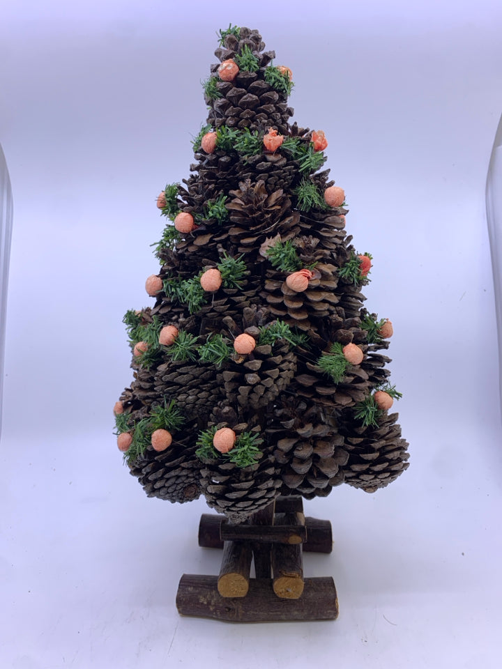 WOOD BASED PINECONE TREE W PINK BALLS.
