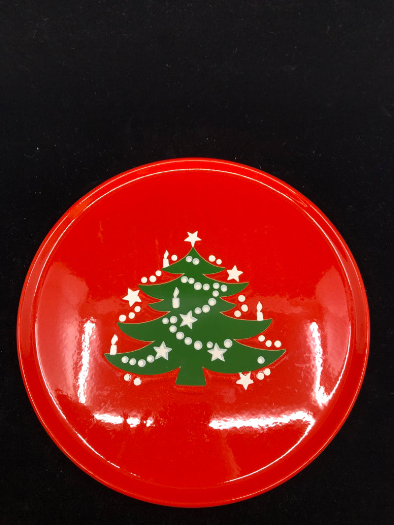 RED CERAMIC CHRISTMAS PLATTER W TREE.