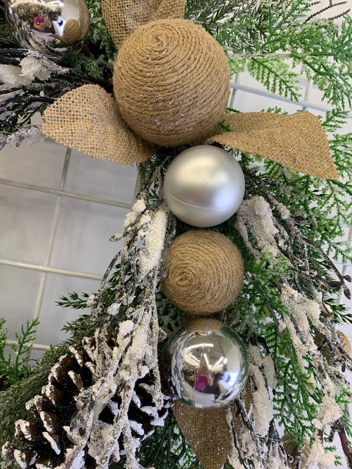 FROSTED FAUX PINE WREATH SILVER BALLS.