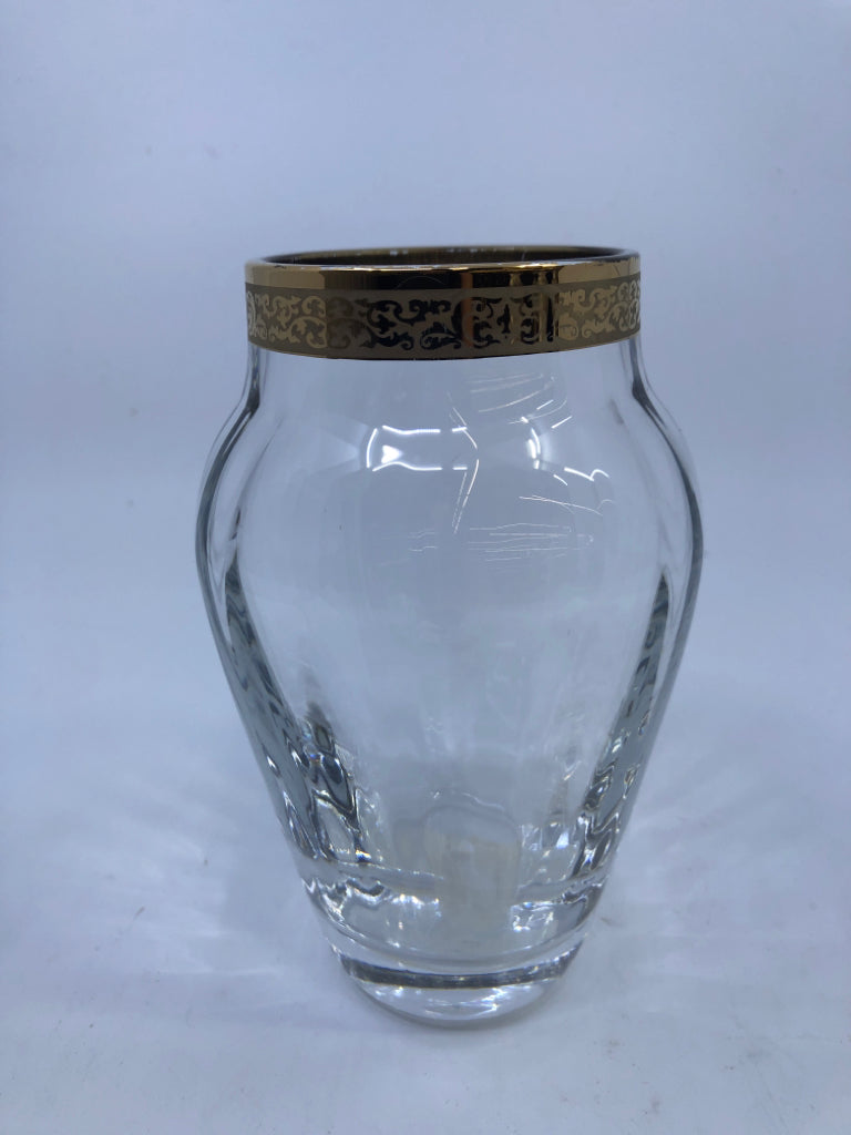 CLEAR LENOX VASE W/ GOLD BAND.