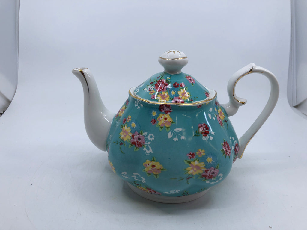 AQUA TEA POT W/ YELLOW/RED ROSES.