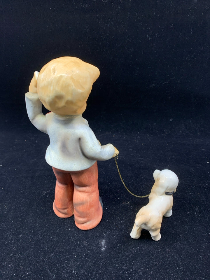 VTG LITTLE BOY WALKING DOG FIGURE.