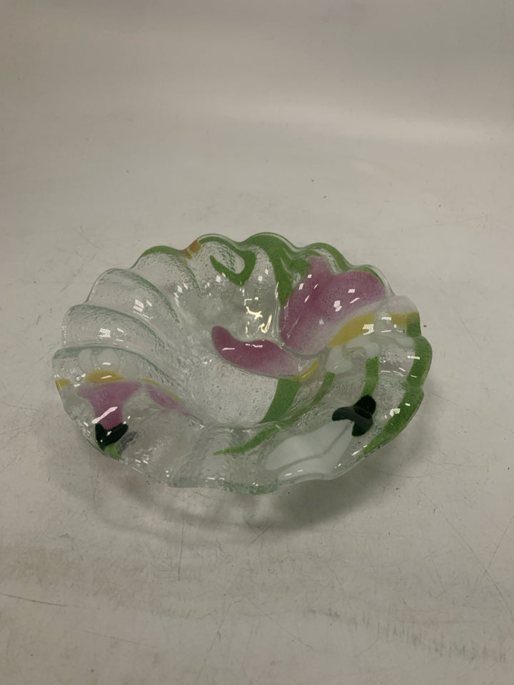 LIGHT PINK FLOWERS FUSED RUFFLED GLASS SMALL BOWL *SIGNED.