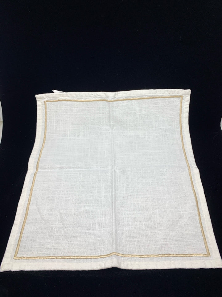4 WHITE W/TAN EMBROIDERY NAPKINS.
