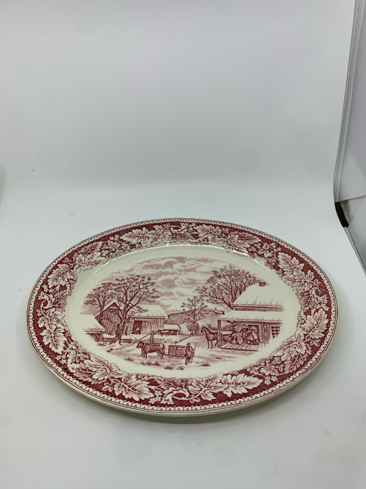 VTG RED FARM SCENE OVAL PLATTER.