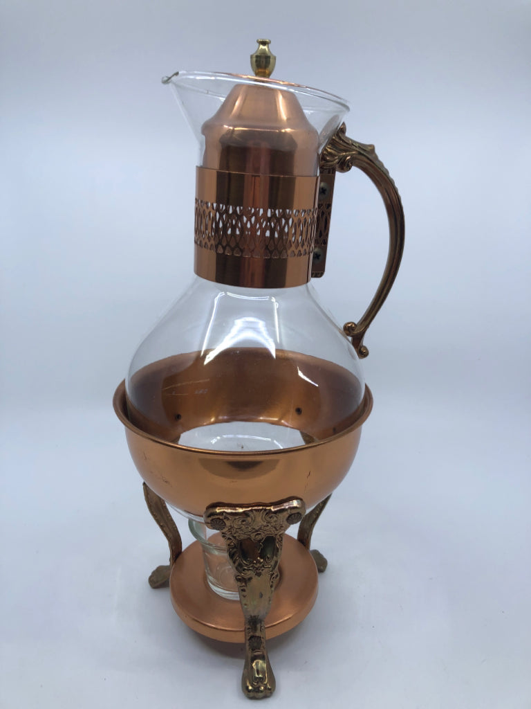 COPPER AND GLASS COFFEE CARAFE + WARMER.