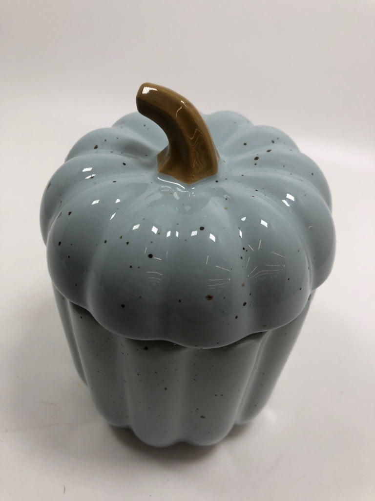 BLUE SPECKLED CERAMIC PUMPKIN JAR.