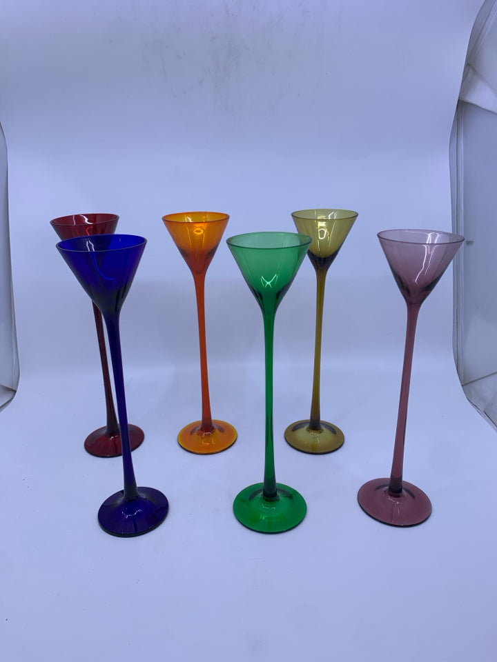 6 LONG STEMMED CORDIALS SHOT GLASSES MULTI COLORED.