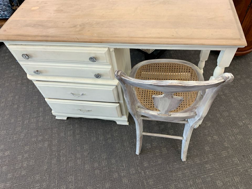 RUSTIC OFF WHITE DESK W/ 3 DRAWERS + CANE CHAIR.