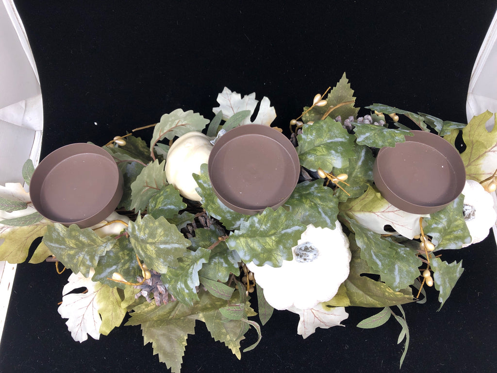 WHITE PUMPKIN GREEN LEAVES BROWN METAL PILLAR CANDLE HOLDER.