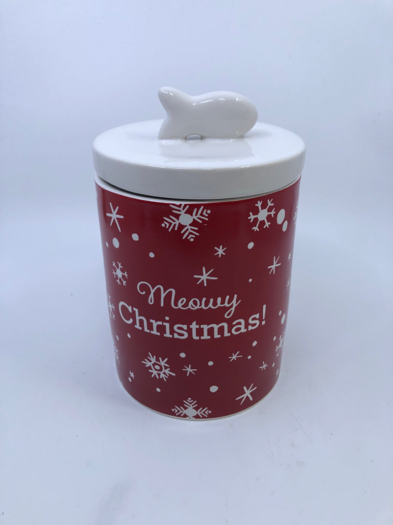RED AND WHITE MEOWY CHRISTMAS CANISTER.