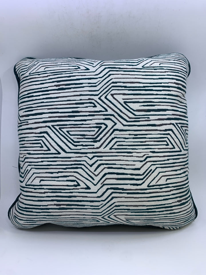 BLUE & WHITE PILLOW W/ABSTRACT LINE DESIGN.