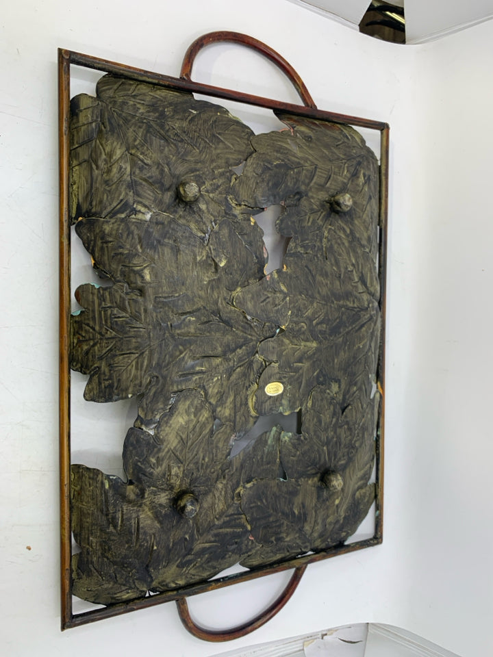 METAL TRAY W/ COLORED LEAVES.