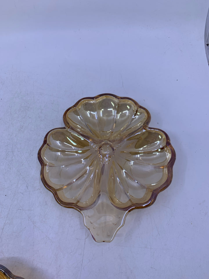 PEACH IRIDESCENT DIVIDED CLOVER SHAPED DISH.