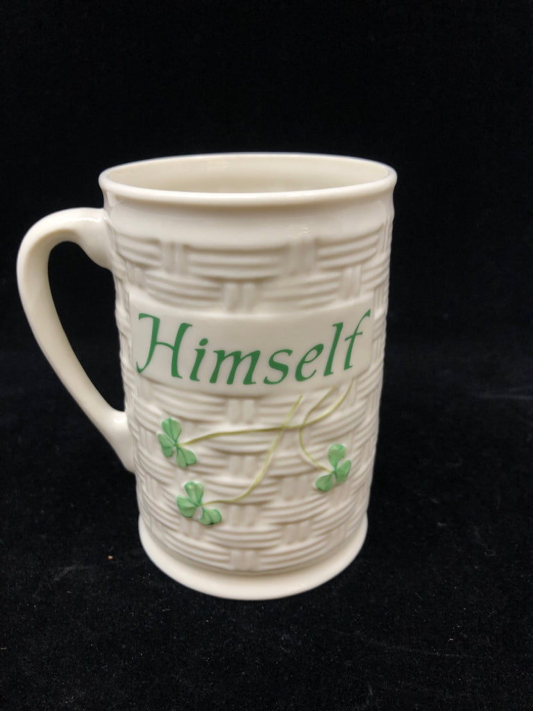 WOVEN STYLE "HIMSELF" IRISH MUG BELLEEK.