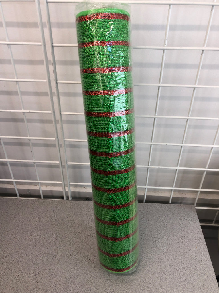 NIP GREEN W/RED STRIPE DECORATIVE MESH.