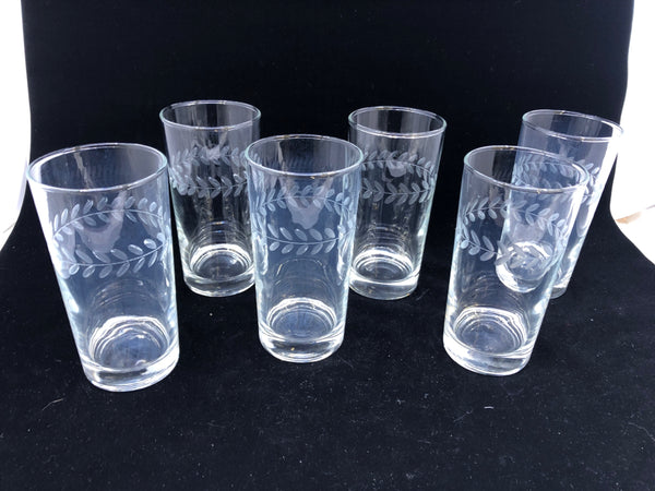 6 ETCHED LEAVES DRINKING GLASSES.