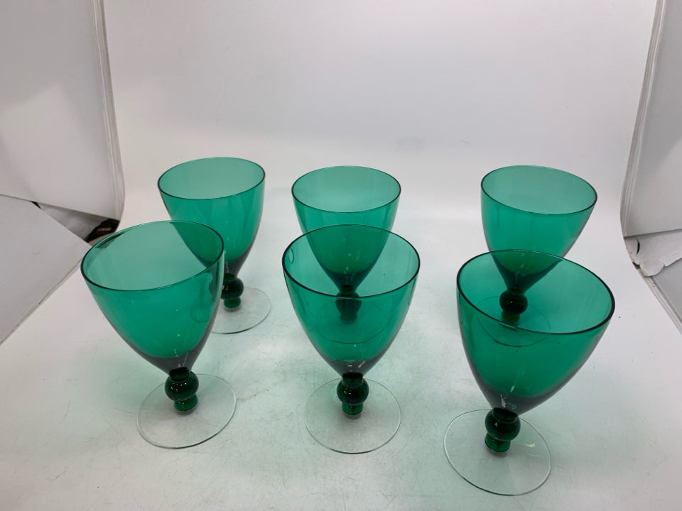 6 CLEAR STEM EMERALD GREEN GLASSES.
