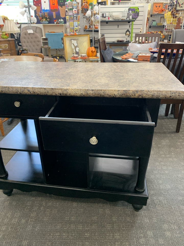 BLACK LEGS W/ MIKA GRANITE COUNTER ISLAND W/ 2 ALL THE WAY THROUGH DRAWERS/ SHEL