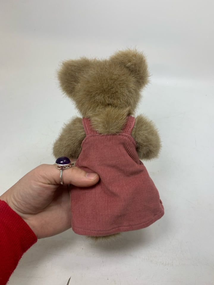 BROWN BOYDS BEAR IN PINK CORDUROY DRESS.
