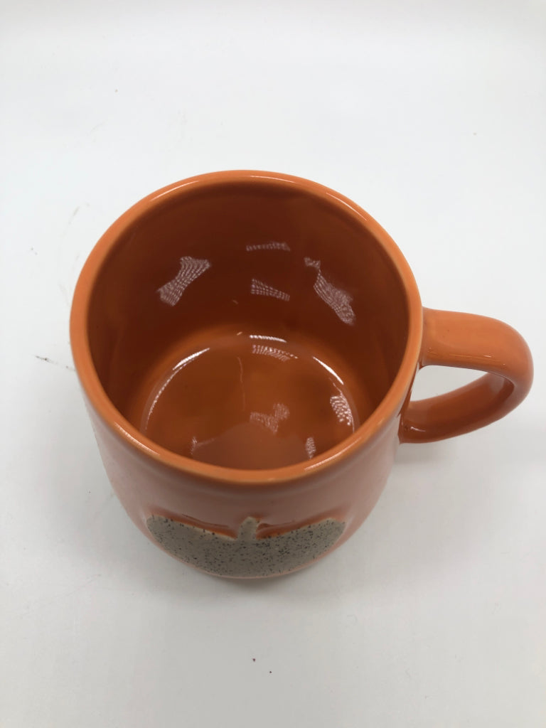 2 ORANGE MUGS W/ CREAM SPECKLED PUMPKIN.