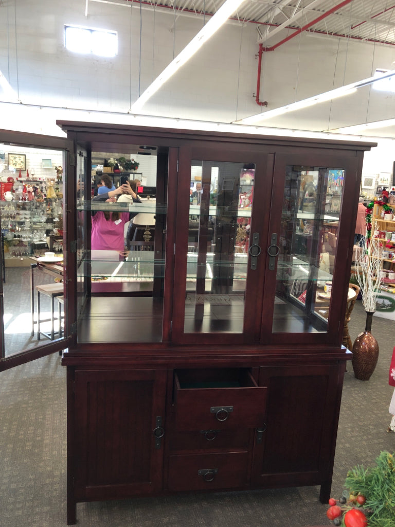 DARK DINING HUTCH-LIGHT UP GLASS UPPER, DRAWER + CABINET LOWER/ CIRCLE HARDWARE.