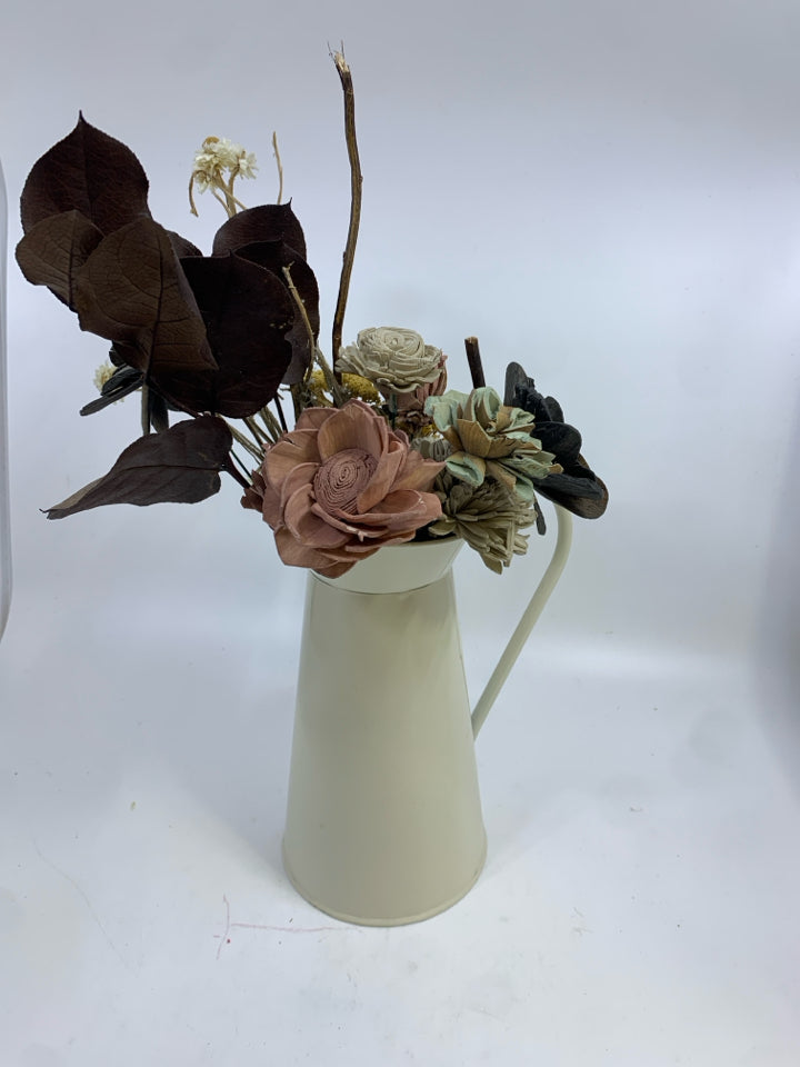 WOOD FLORALS IN CREAM METAL PITCHER.