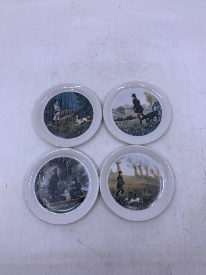 4 PORCELAIN ASSORTED METAL W/ HUNTING DOGS.