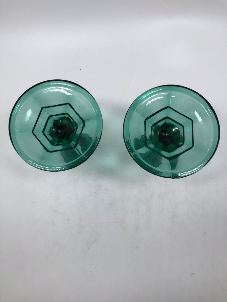 2 GREEN GLASS CANDLE STICK HOLDERS.