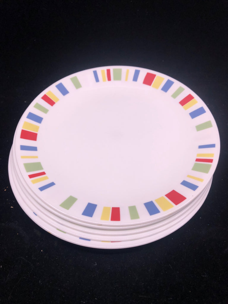 6 COLORFUL SQUARE RIMMED PATTERN CORELLE DINNER PLATES.