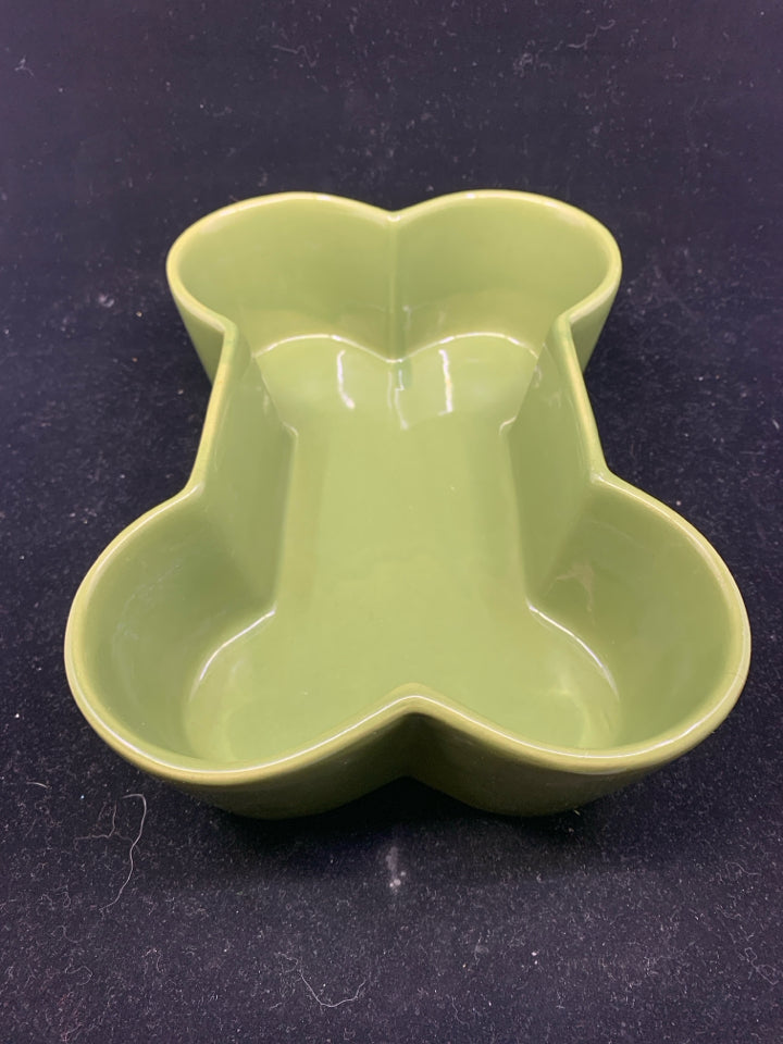 GREEN CERAMIC DOG BONE SHAPE BOWL.