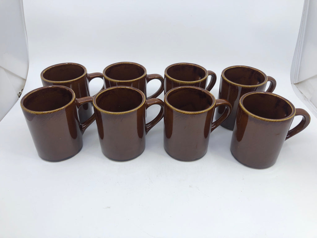 8 VTG BROWN POTTERY MUGS.